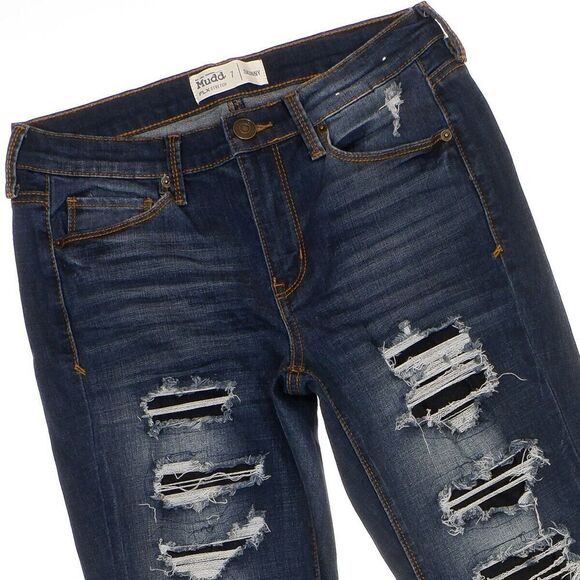 Mudd Jeans Juniors Size 7 Skinny Distressed Patched Stretch Blue Denim 28 x 28.5 - Picture 3 of 9